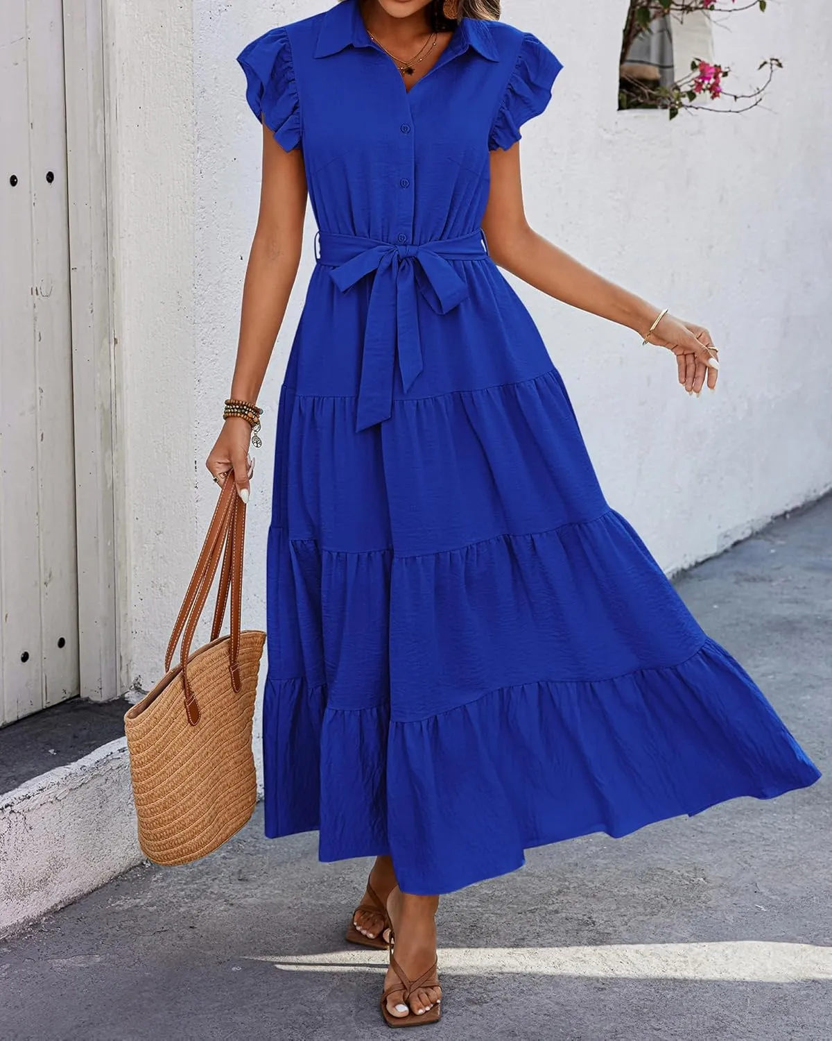 dowerme Women's Summer Casual Dresses 2025 Cap Ruffle Sleeve V Neck Button Belted Tiered Boho Maxi Dress with Pockets
