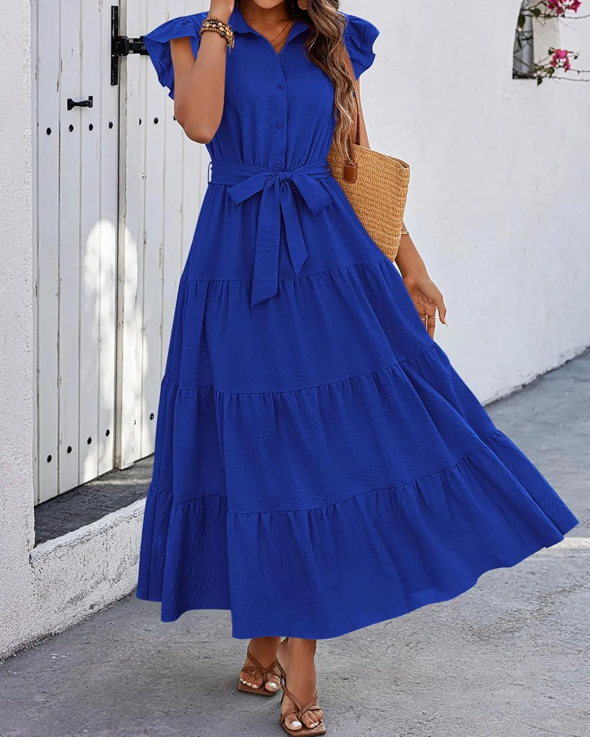 dowerme Women's Summer Casual Dresses 2025 Cap Ruffle Sleeve V Neck Button Belted Tiered Boho Maxi Dress with Pockets