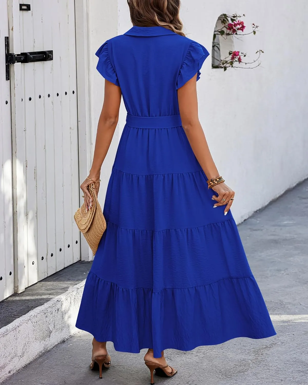 dowerme Women's Summer Casual Dresses 2025 Cap Ruffle Sleeve V Neck Button Belted Tiered Boho Maxi Dress with Pockets