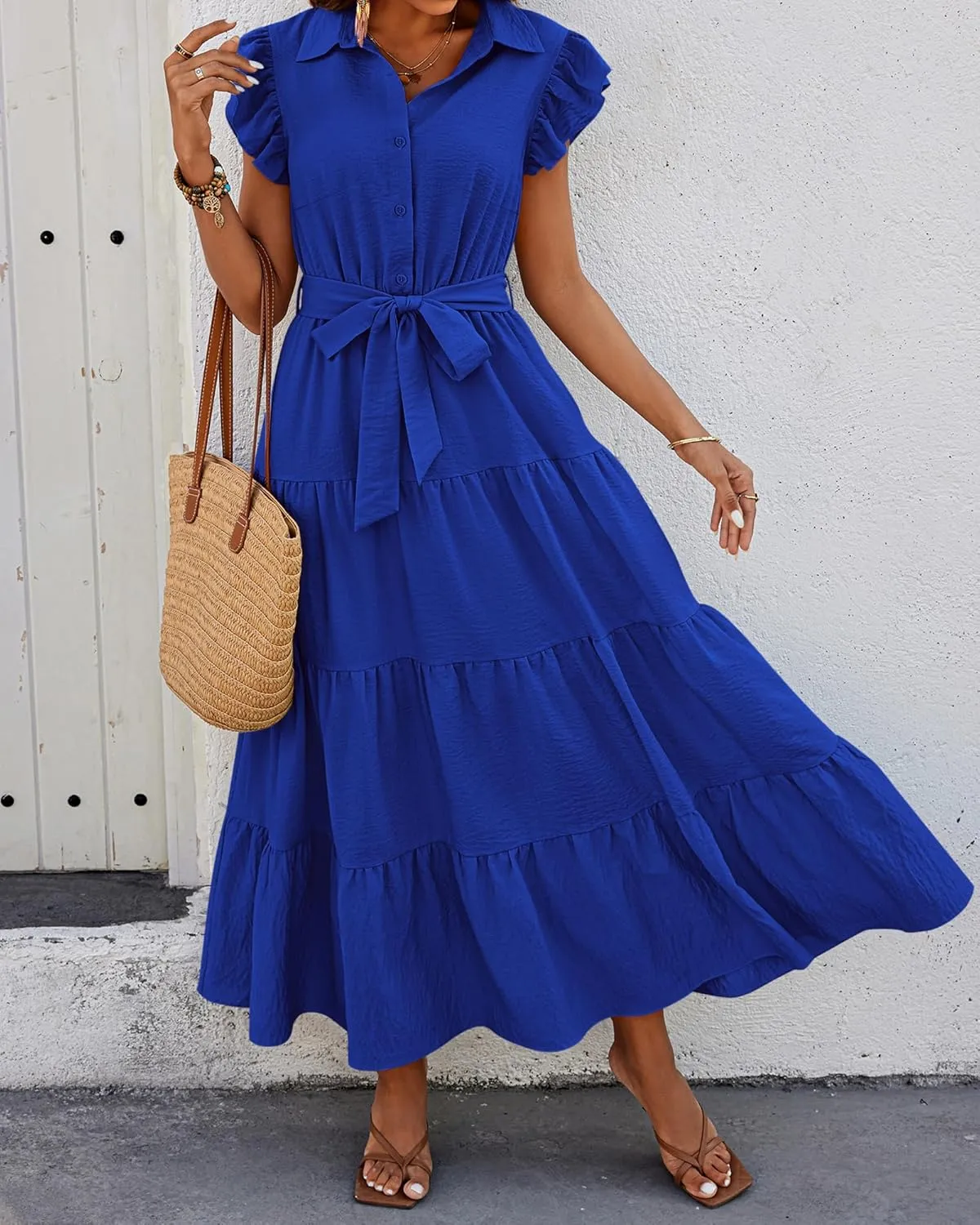 dowerme Women's Summer Casual Dresses 2025 Cap Ruffle Sleeve V Neck Button Belted Tiered Boho Maxi Dress with Pockets