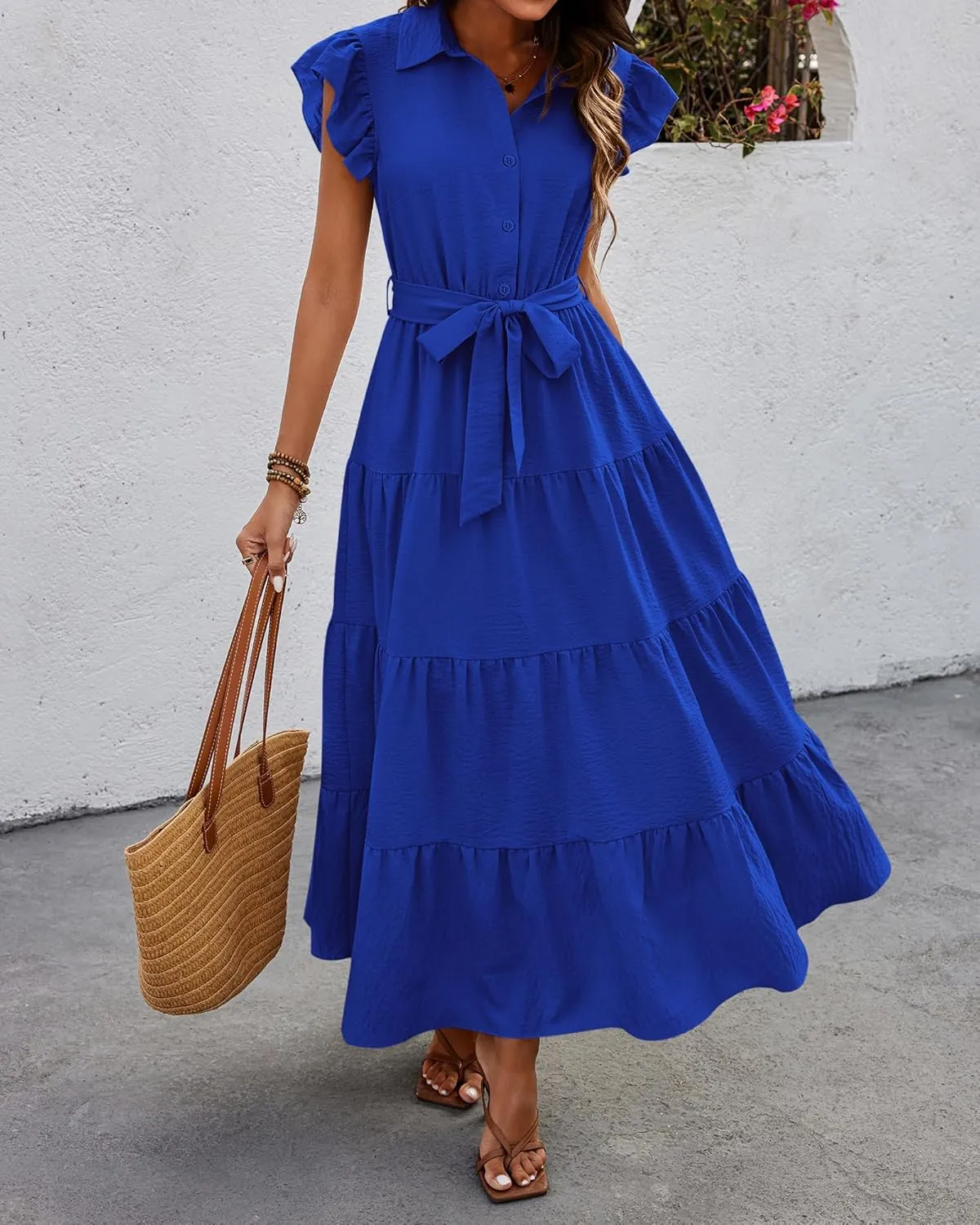 dowerme Women's Summer Casual Dresses 2025 Cap Ruffle Sleeve V Neck Button Belted Tiered Boho Maxi Dress with Pockets