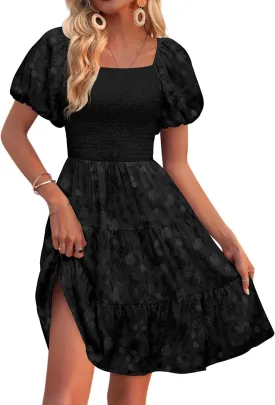dowerme Womens Summer Dresses 2025 Puff Short Sleeve Square Neck Smocked Floral Wedding Guest Mini Dress with Pockets