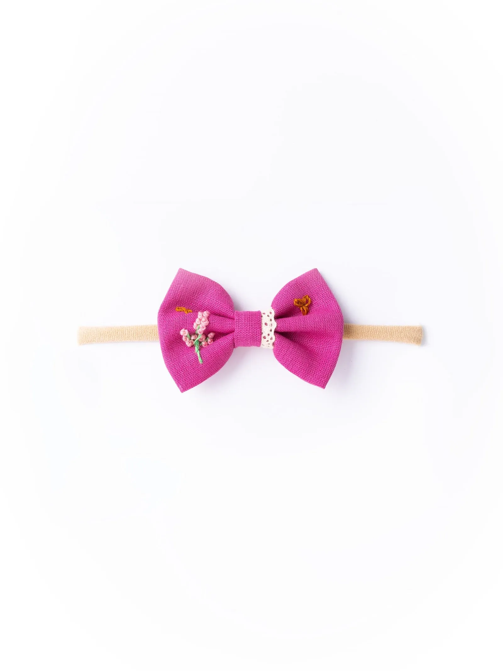 Embroidered Bow Headband- Pink