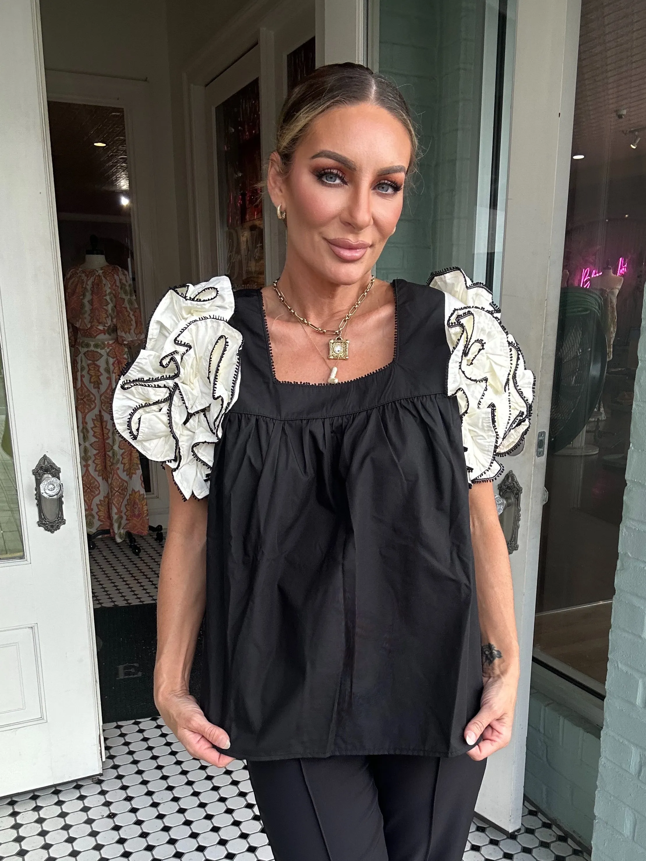 Embur Bouse With White Ruffled Sleeves