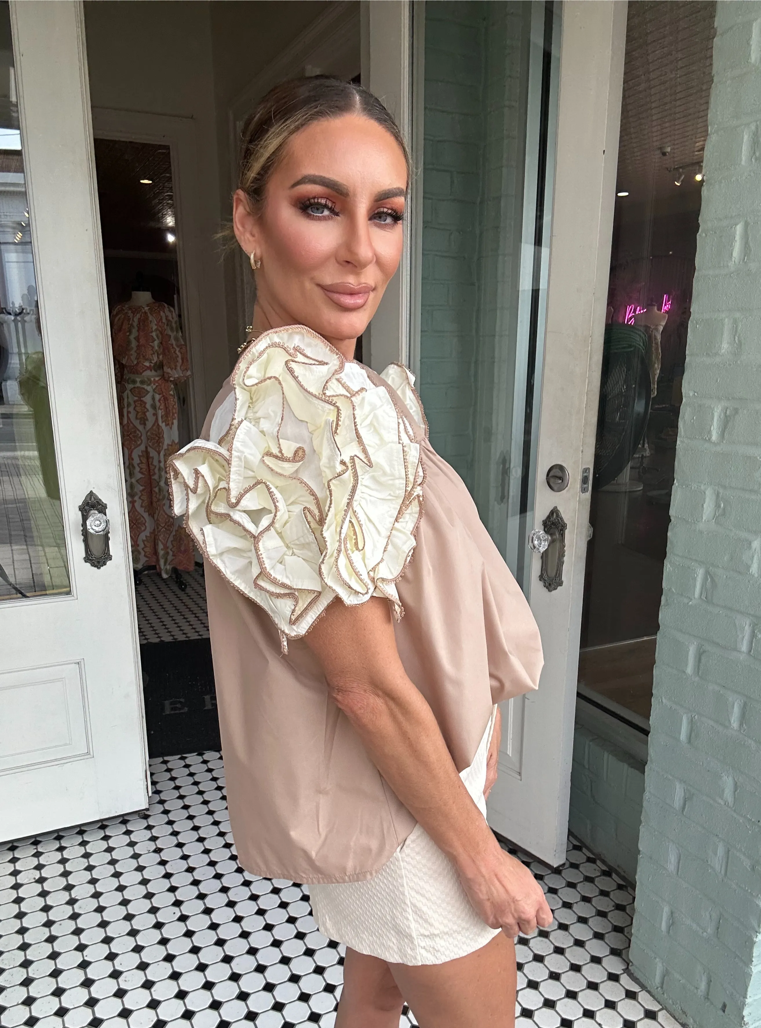 Embur Bouse With White Ruffled Sleeves