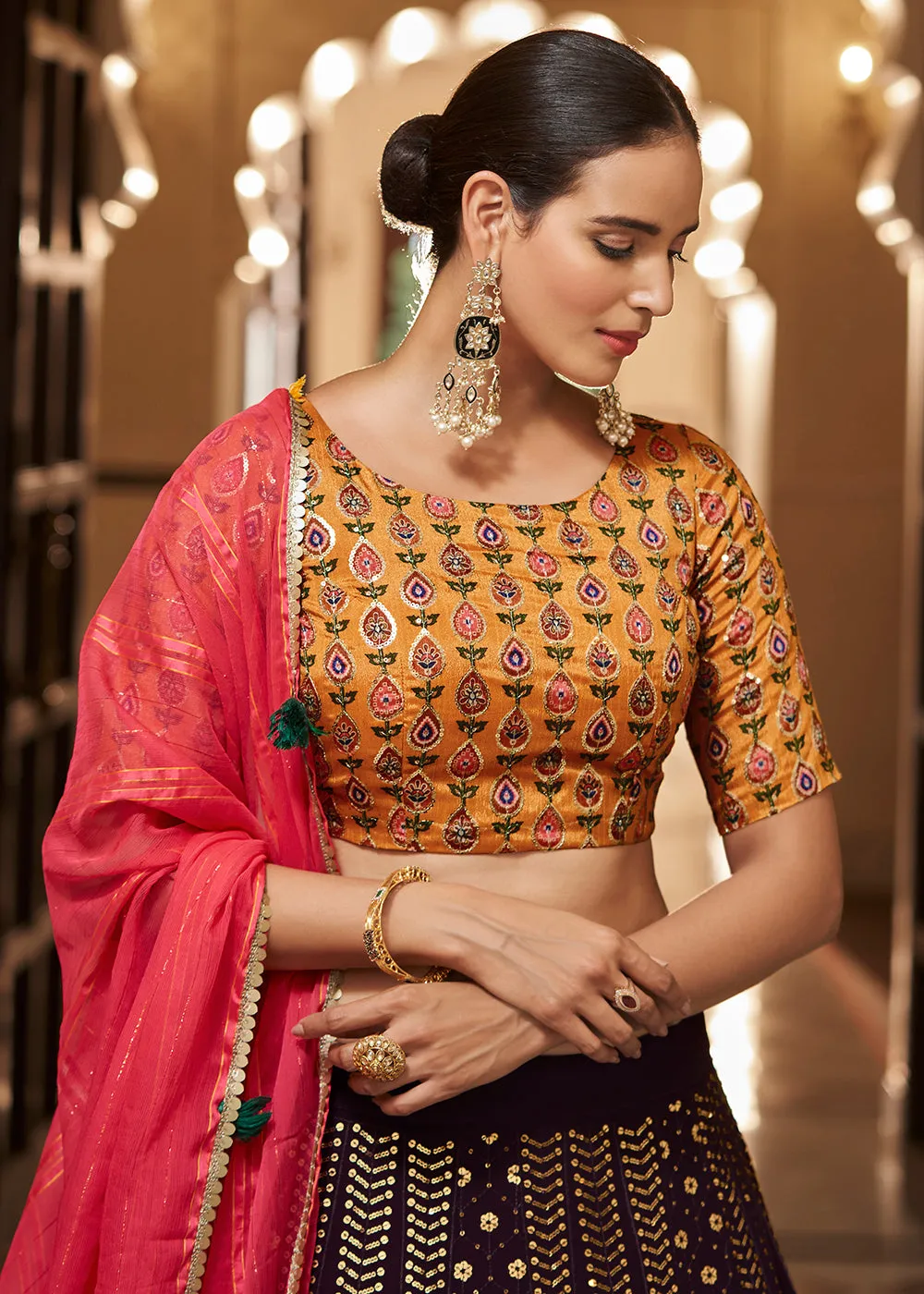 Enchanting Sequins Purple & Mustard Wedding Lehenga Choli