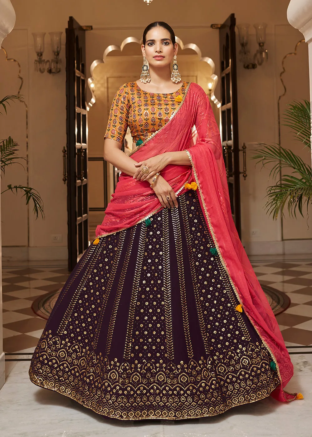 Enchanting Sequins Purple & Mustard Wedding Lehenga Choli