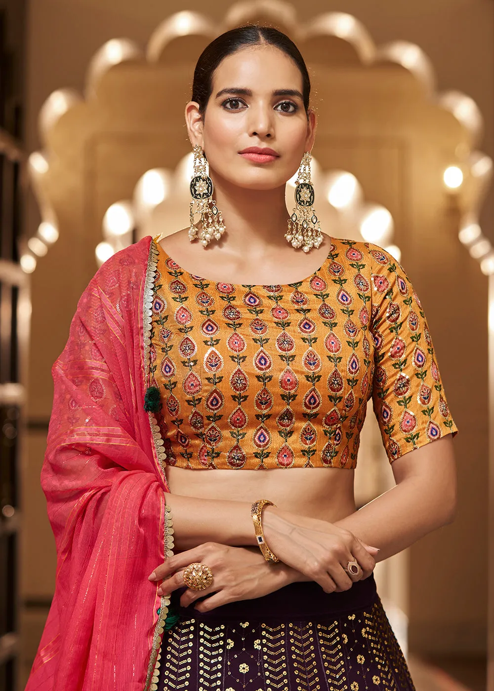 Enchanting Sequins Purple & Mustard Wedding Lehenga Choli
