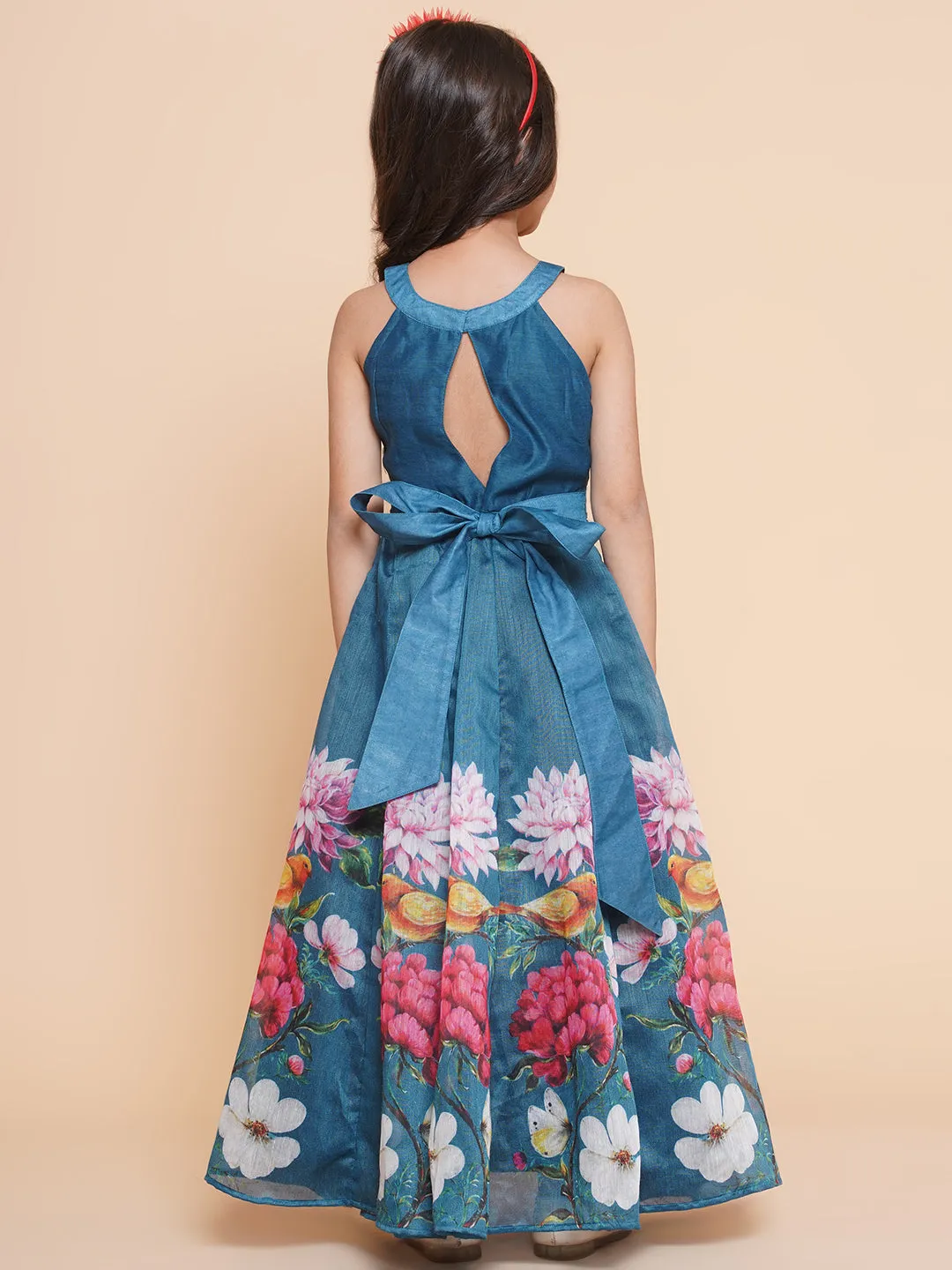 Girls Blue Flower Digital Printed Fit & Flared Maxi Dress.