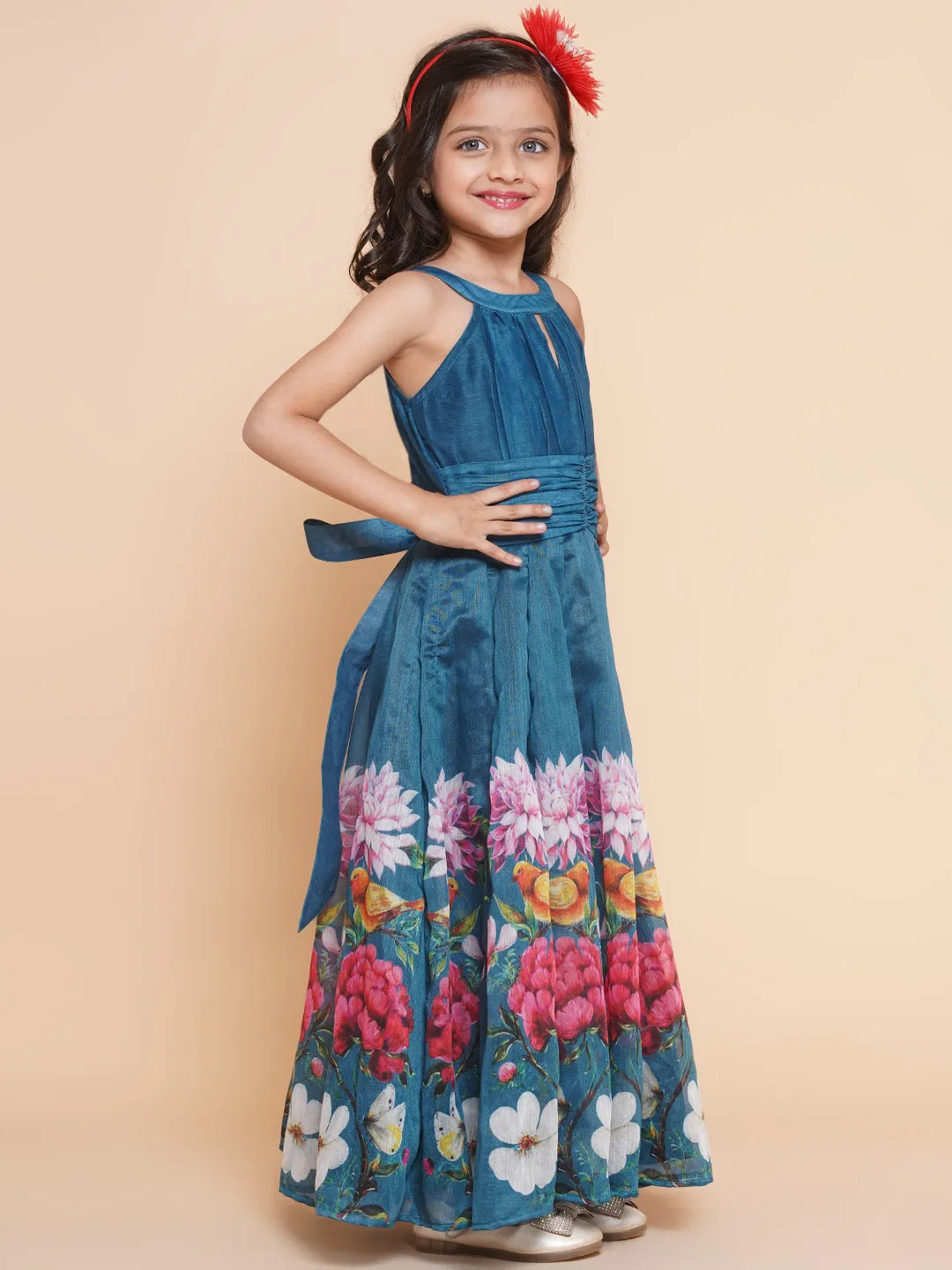 Girls Blue Flower Digital Printed Fit & Flared Maxi Dress.