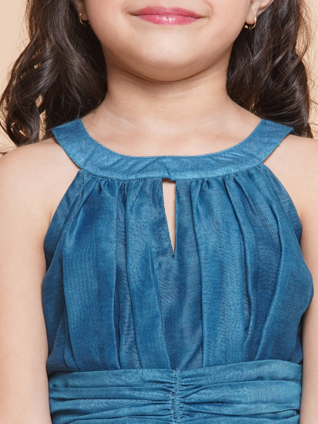 Girls Blue Flower Digital Printed Fit & Flared Maxi Dress.
