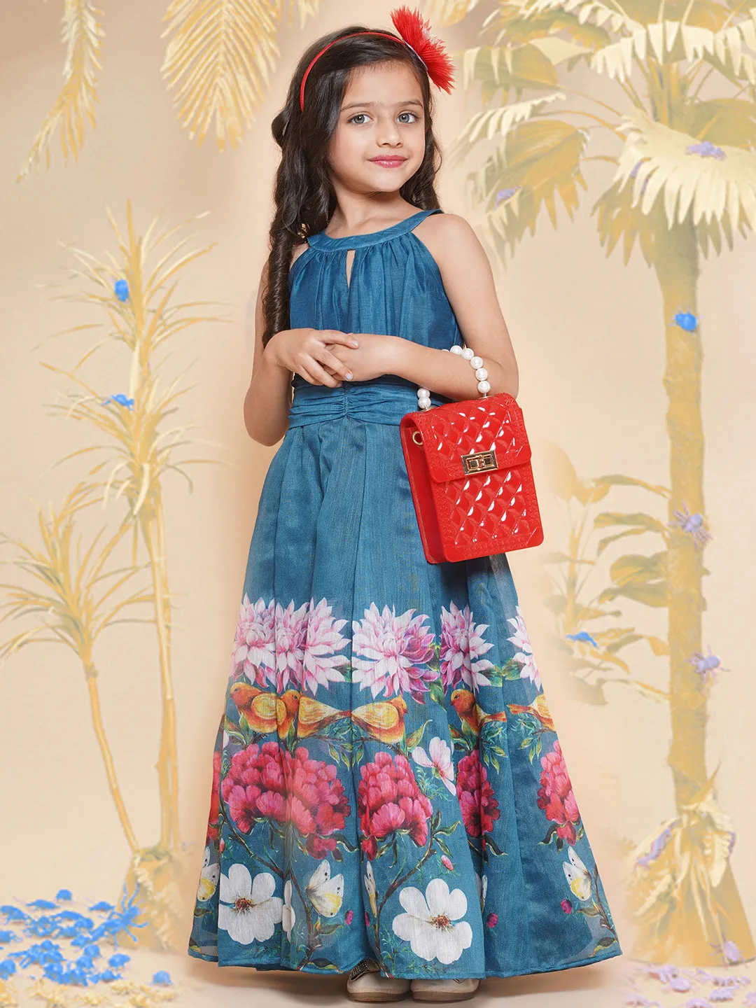 Girls Blue Flower Digital Printed Fit & Flared Maxi Dress.