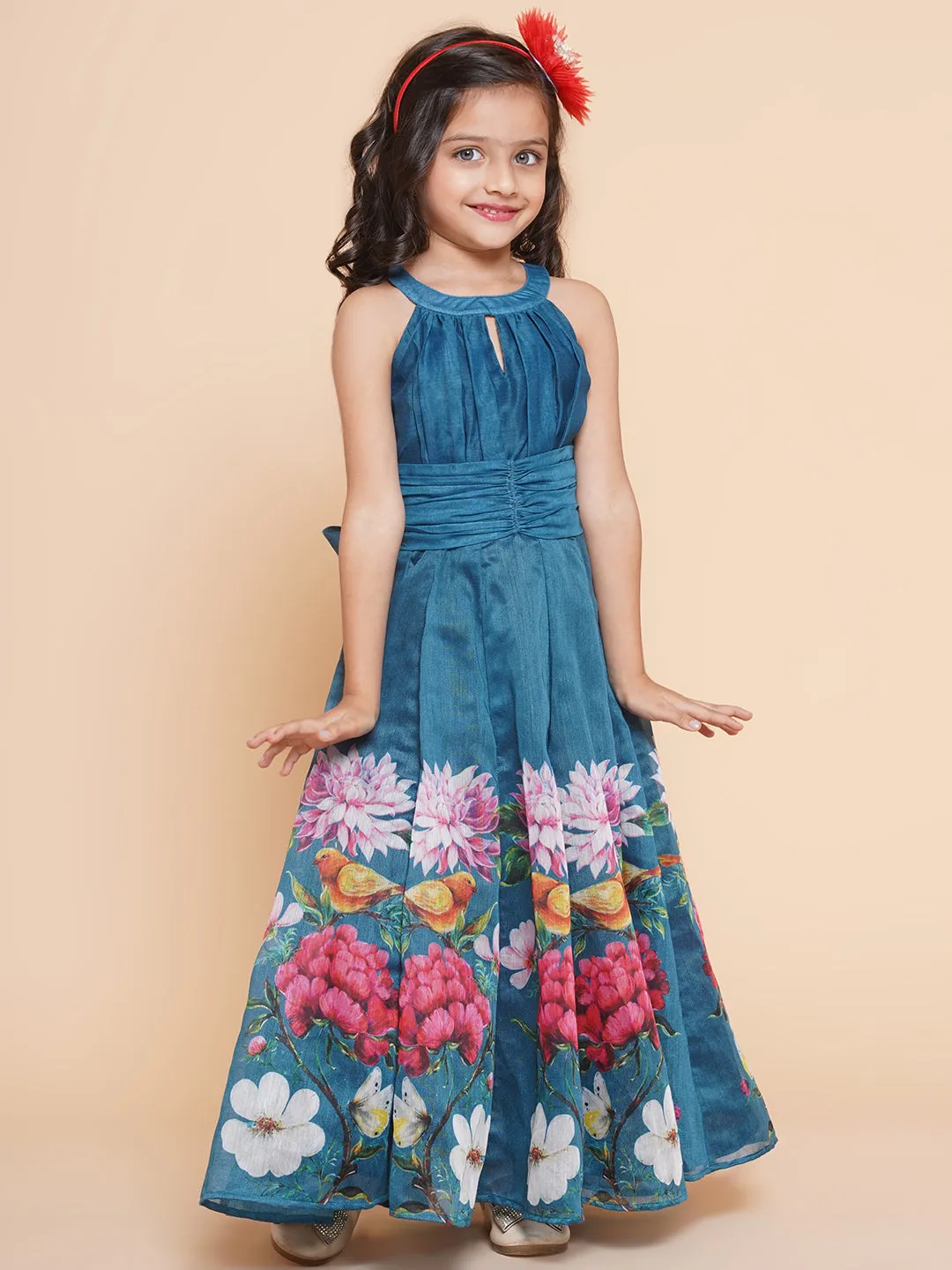 Girls Blue Flower Digital Printed Fit & Flared Maxi Dress.