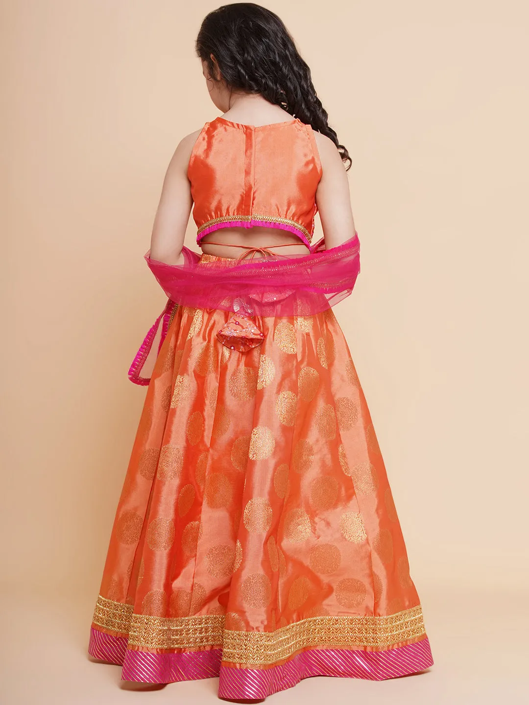 Girls Peach Mirror Embroidered Lace Detailed Choli With Lehenga And Dupatta
