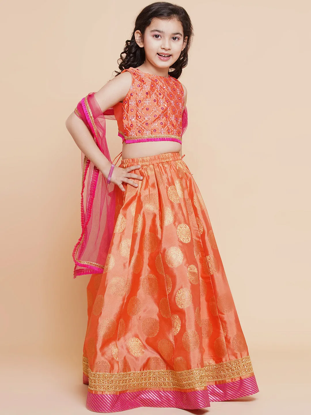 Girls Peach Mirror Embroidered Lace Detailed Choli With Lehenga And Dupatta