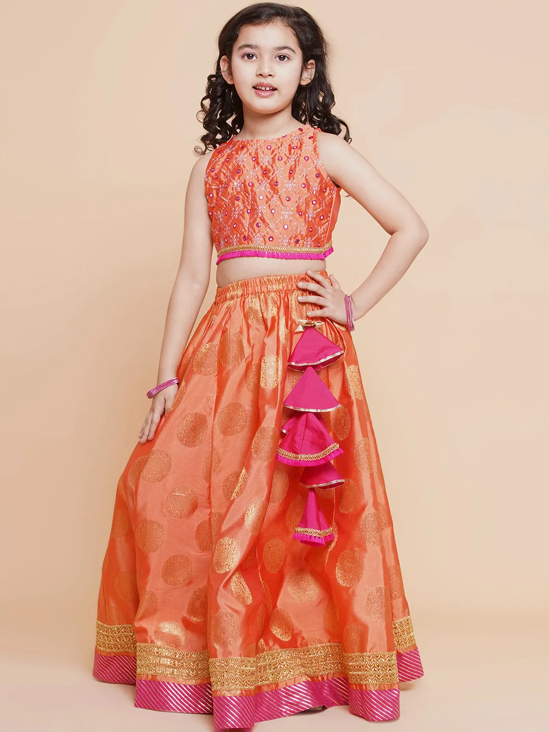 Girls Peach Mirror Embroidered Lace Detailed Choli With Lehenga And Dupatta