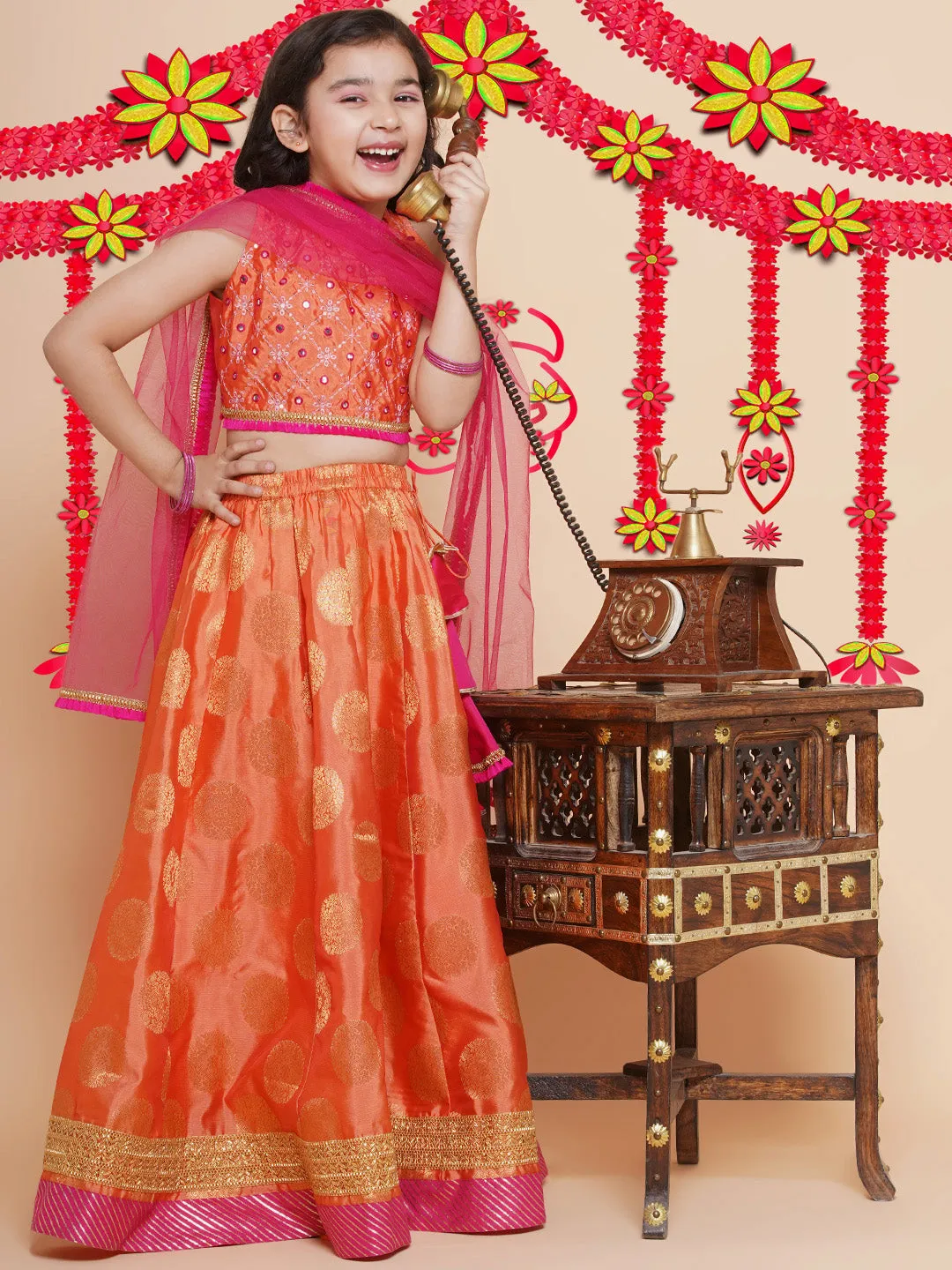 Girls Peach Mirror Embroidered Lace Detailed Choli With Lehenga And Dupatta