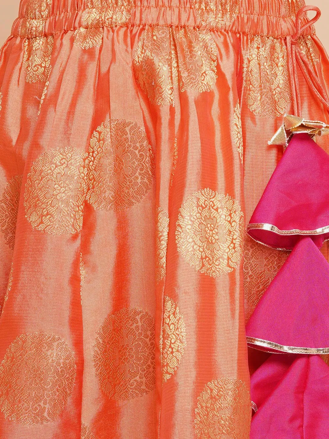 Girls Peach Mirror Embroidered Lace Detailed Choli With Lehenga And Dupatta