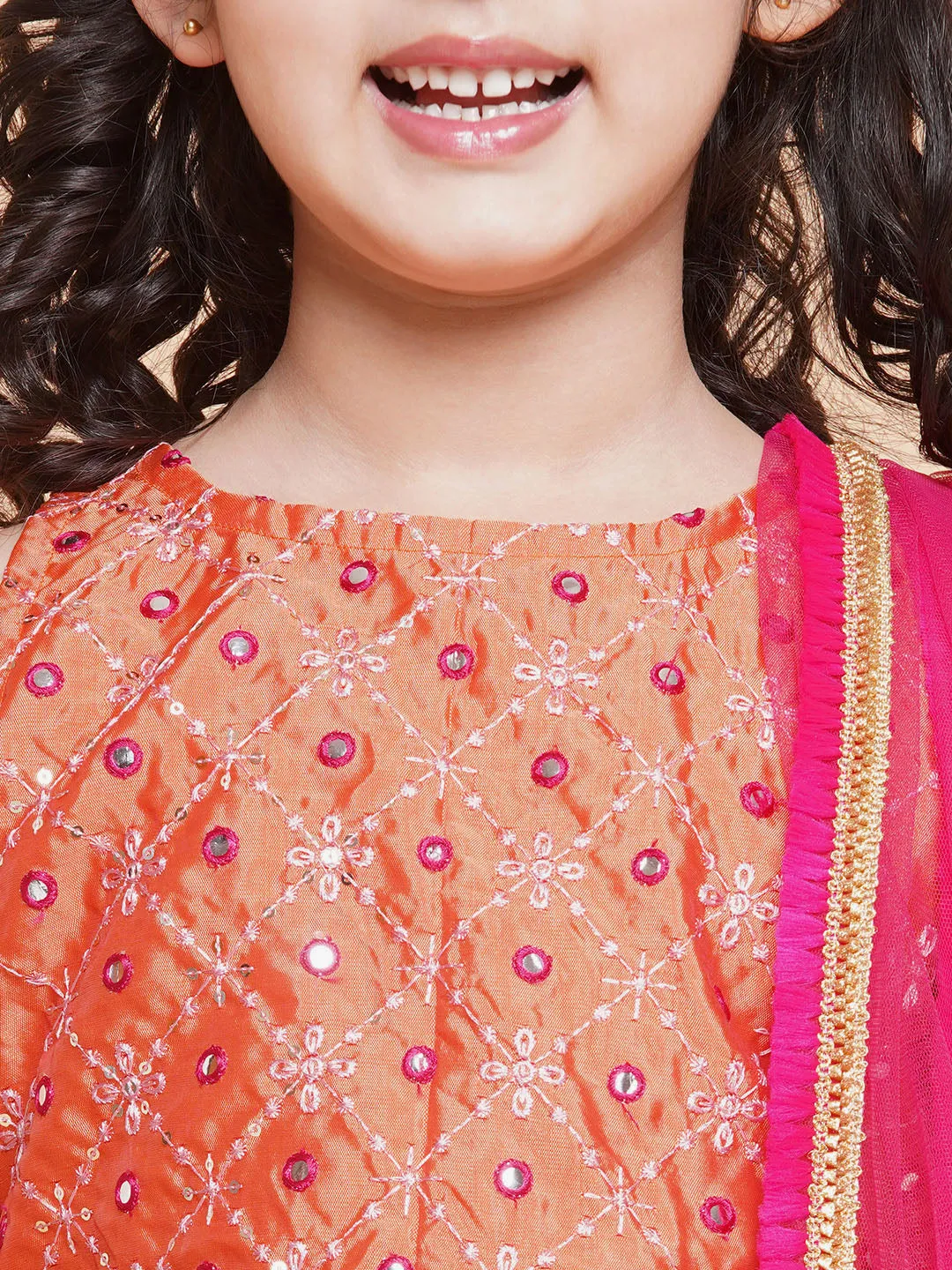Girls Peach Mirror Embroidered Lace Detailed Choli With Lehenga And Dupatta