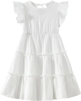 Girls Summer Dresses Tiered Crinkle Flowy Ruffle Sleeve A-Line Swing Backless Bow Lace-up Dress Size 4-12 Years