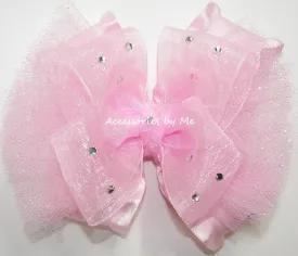 Glitzy Light Pink Organza Ruffle Tutu Hair Bow