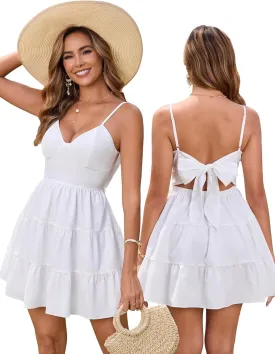 HTZMO Women Casual Summer Floral Mini Sundress V Neck Bow Tie Backless Ruffle Flowy Cute Boho Beach Short Dress