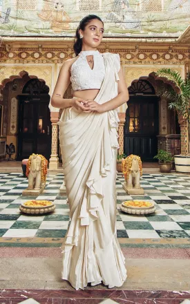 Ivory Embellished Habutai Silk Draped Saree