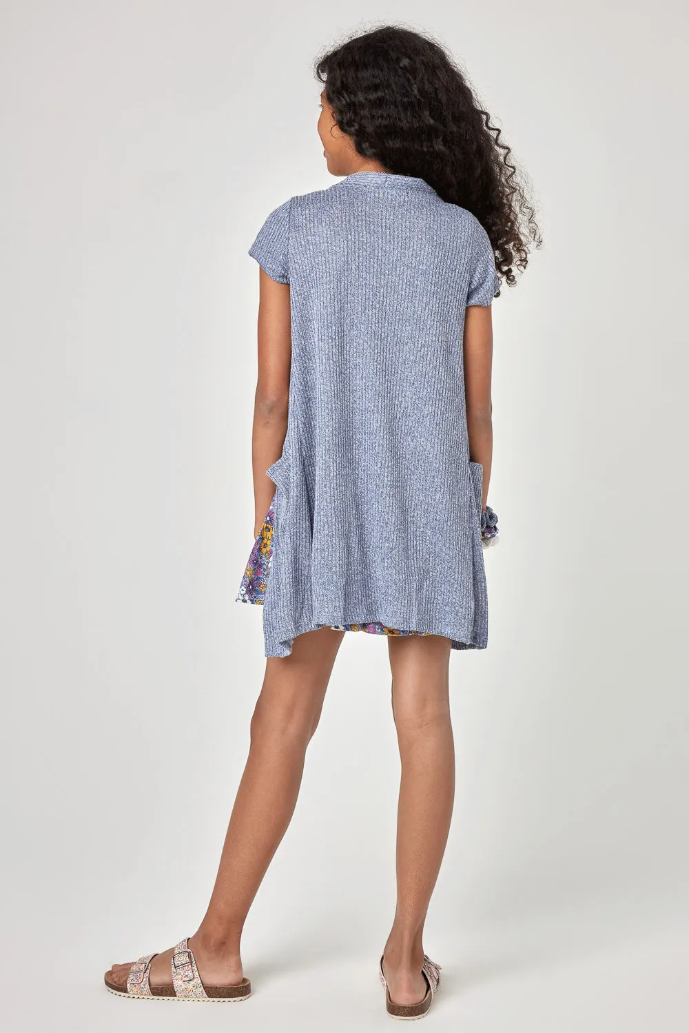 Kids Blue Floral Dress and Brushed Short Sleeve Cardigan Set