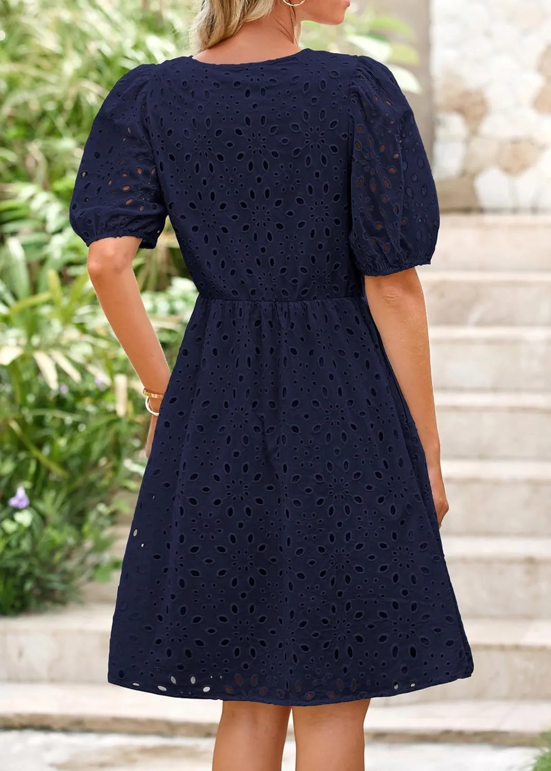 KIRUNDO Womens Summer Dresses 2025 Short Puff Sleeve Open Tie Front Eyelet Hollow Out A Line Wedding Guest Beach Sundress