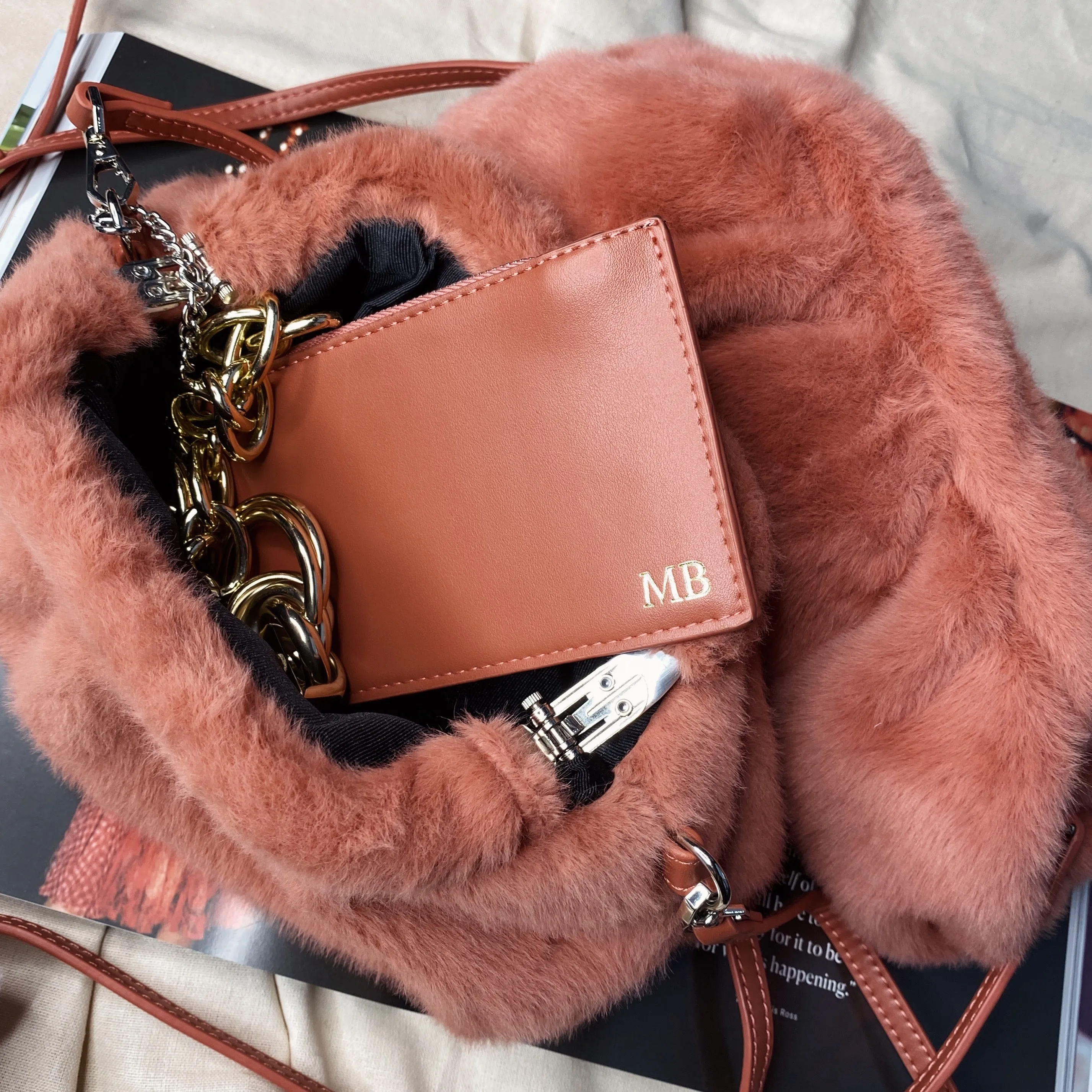 'Kyoto' Peach Faux Fur Mini Bag