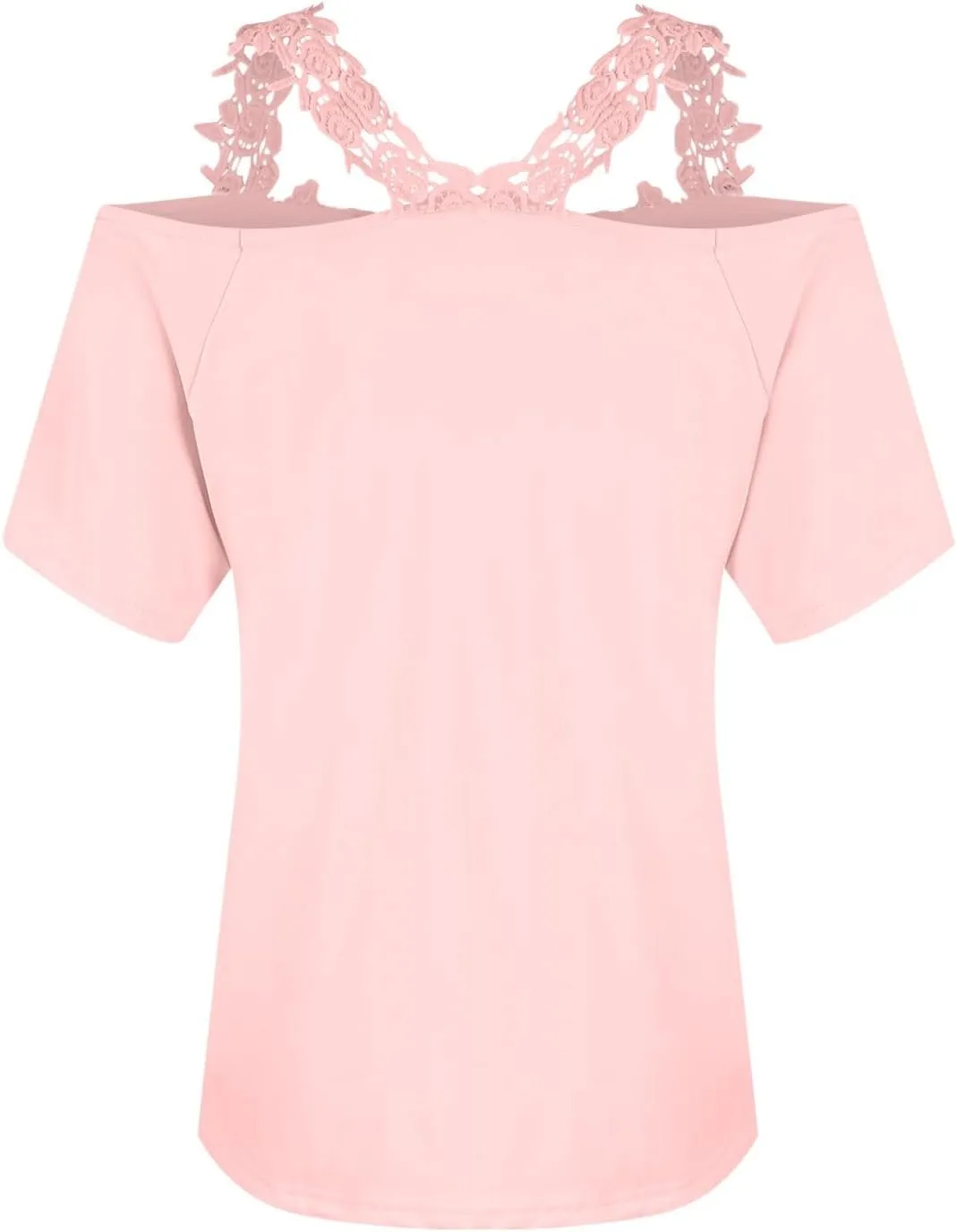 Lace Crochet Cold Shoulder Tops for Women Summer Dressy Casual T Shirt V Neck Short Sleeve Tshirt Strappy Blouses