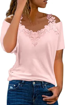 Lace Crochet Cold Shoulder Tops for Women Summer Dressy Casual T Shirt V Neck Short Sleeve Tshirt Strappy Blouses