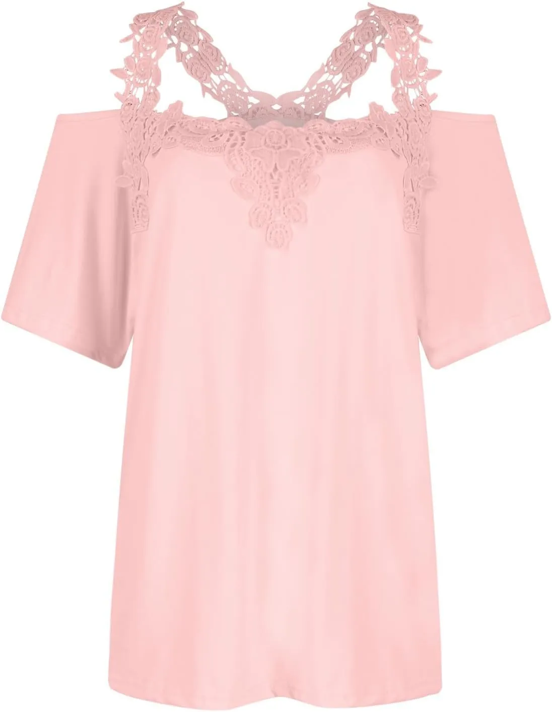 Lace Crochet Cold Shoulder Tops for Women Summer Dressy Casual T Shirt V Neck Short Sleeve Tshirt Strappy Blouses