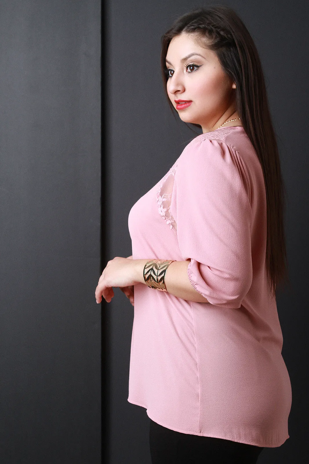 Lace Trim Three Quarter Sleeves Necklace Blouse