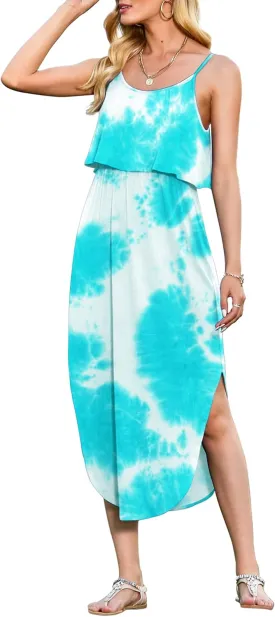 LILBETTER Women's Adjustable Strappy Split Summer Beach Casual Midi Dress
