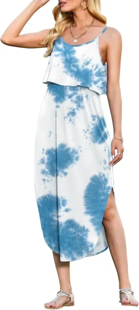 LILBETTER Women's Adjustable Strappy Split Summer Beach Casual Midi Dress