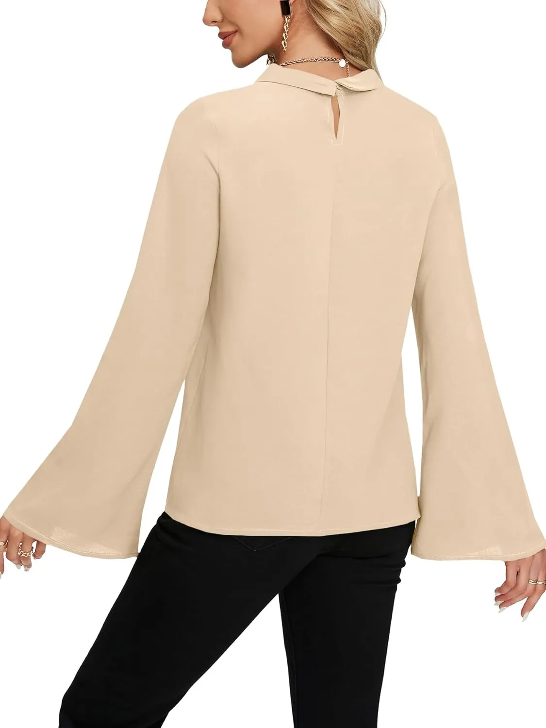 LYANER Women's Elegant Bow Tie Mock Neck Bell Long Sleeve Blouse Shirts Top