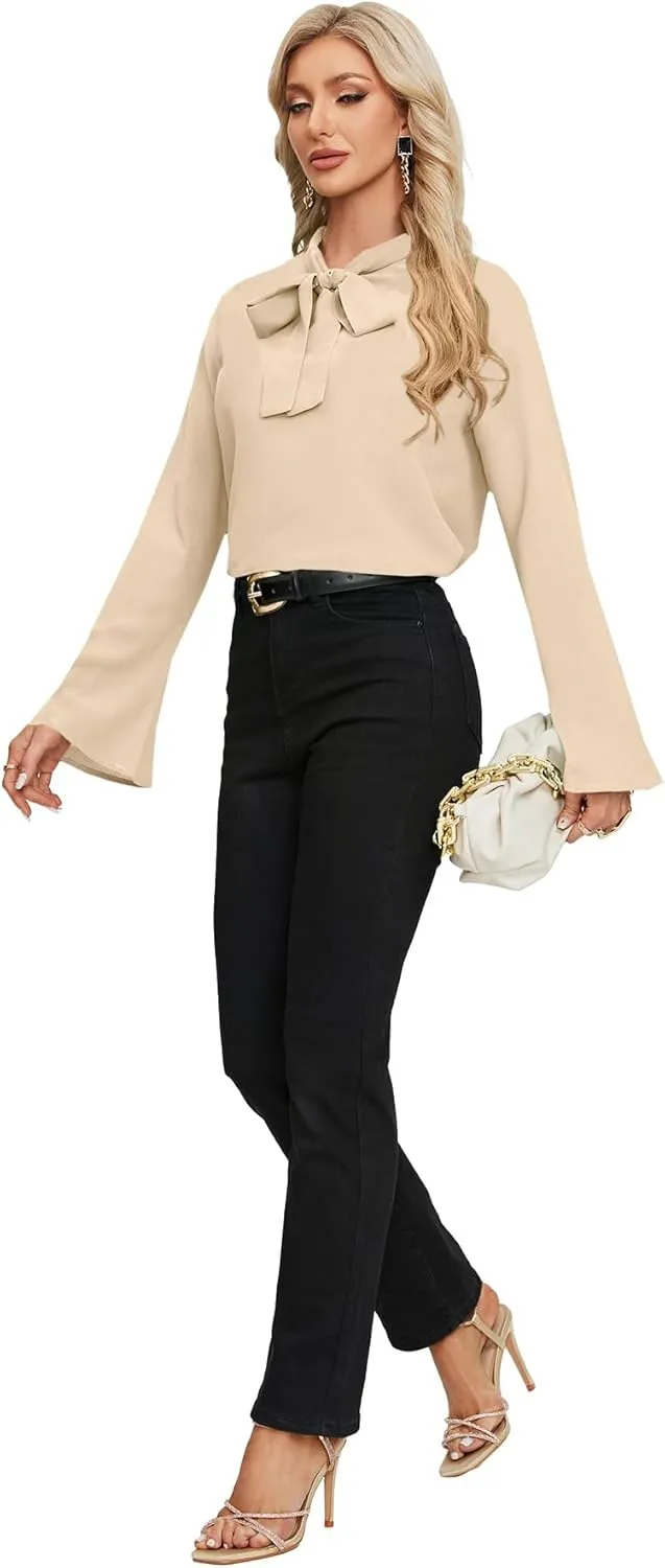 LYANER Women's Elegant Bow Tie Mock Neck Bell Long Sleeve Blouse Shirts Top