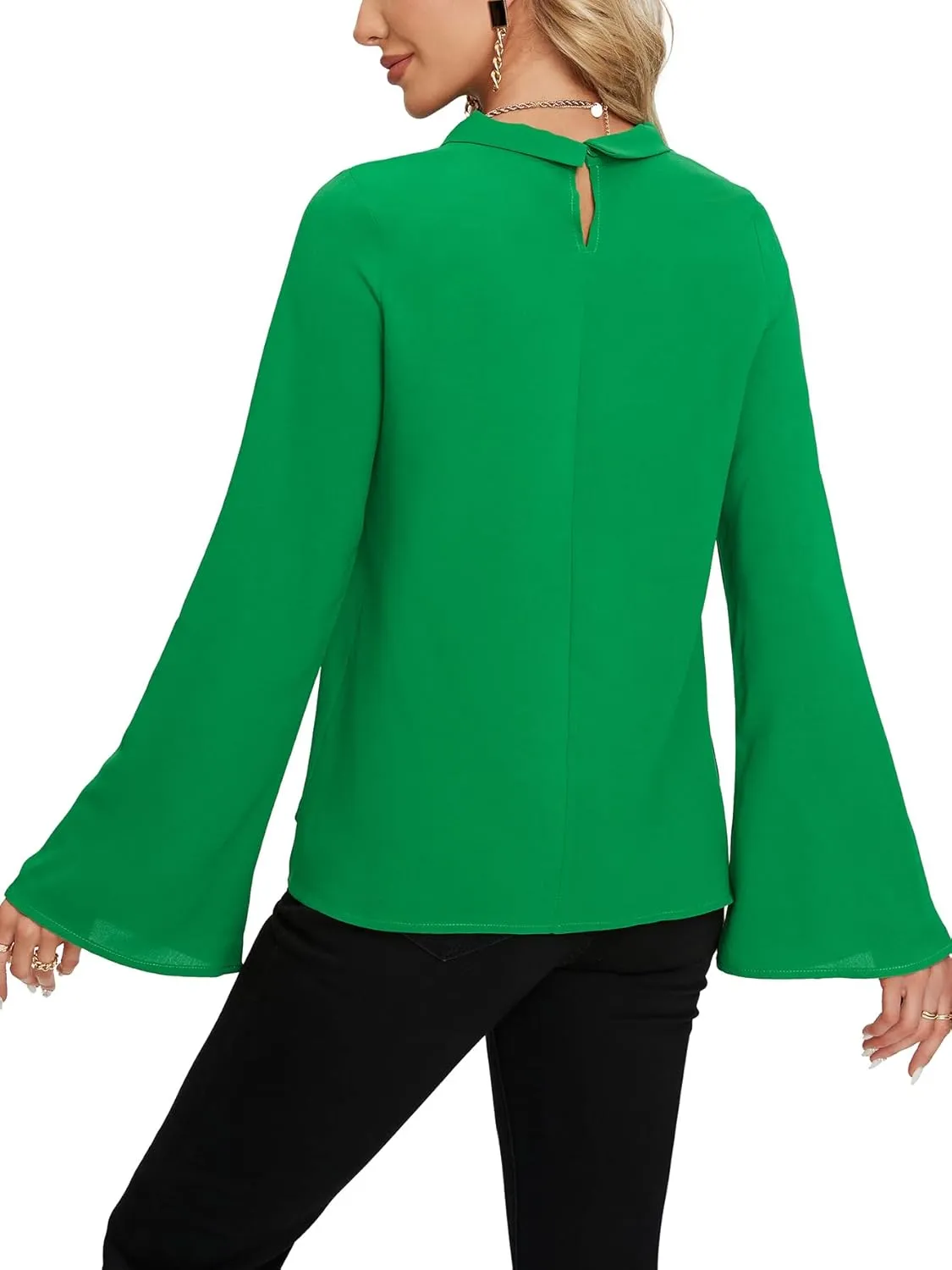 LYANER Women's Elegant Bow Tie Mock Neck Bell Long Sleeve Blouse Shirts Top