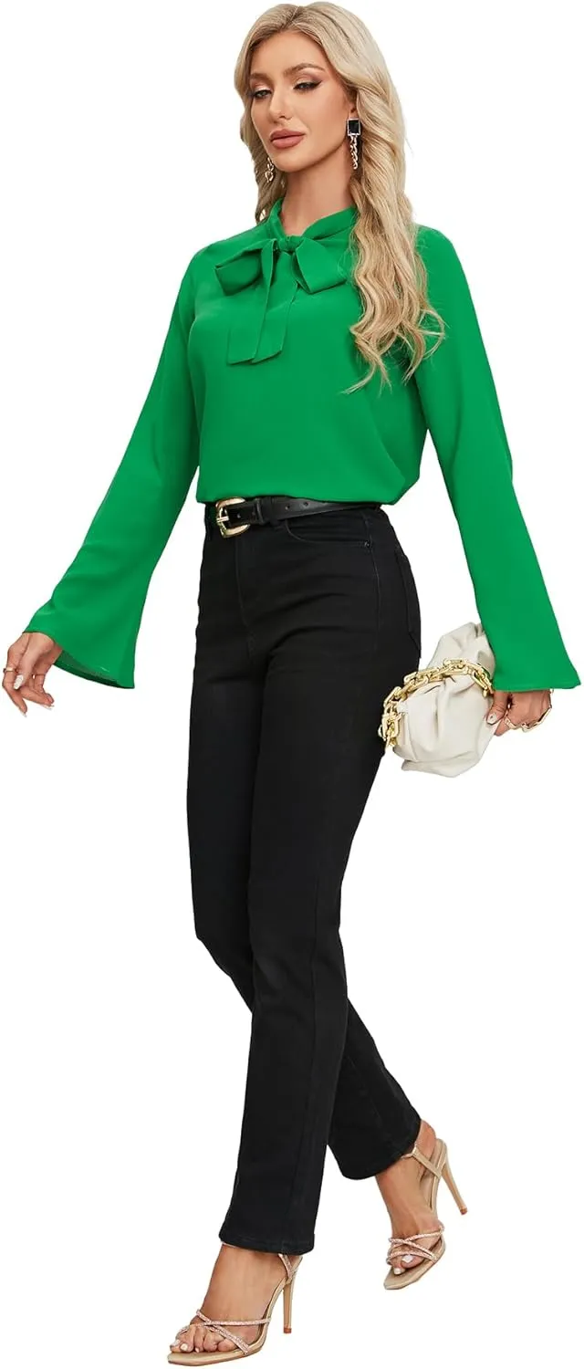 LYANER Women's Elegant Bow Tie Mock Neck Bell Long Sleeve Blouse Shirts Top