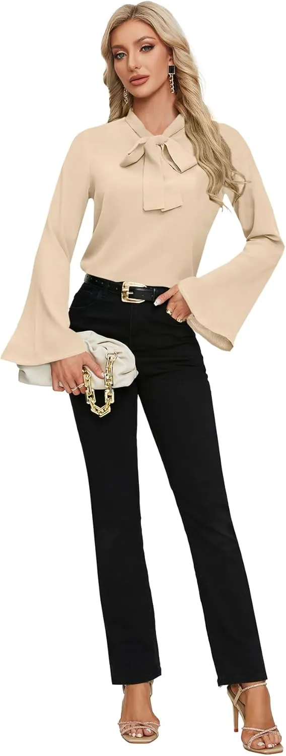 LYANER Women's Elegant Bow Tie Mock Neck Bell Long Sleeve Blouse Shirts Top