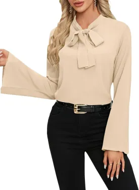 LYANER Women's Elegant Bow Tie Mock Neck Bell Long Sleeve Blouse Shirts Top
