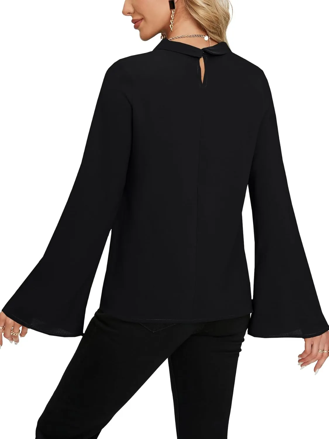 LYANER Women's Elegant Bow Tie Mock Neck Bell Long Sleeve Blouse Shirts Top