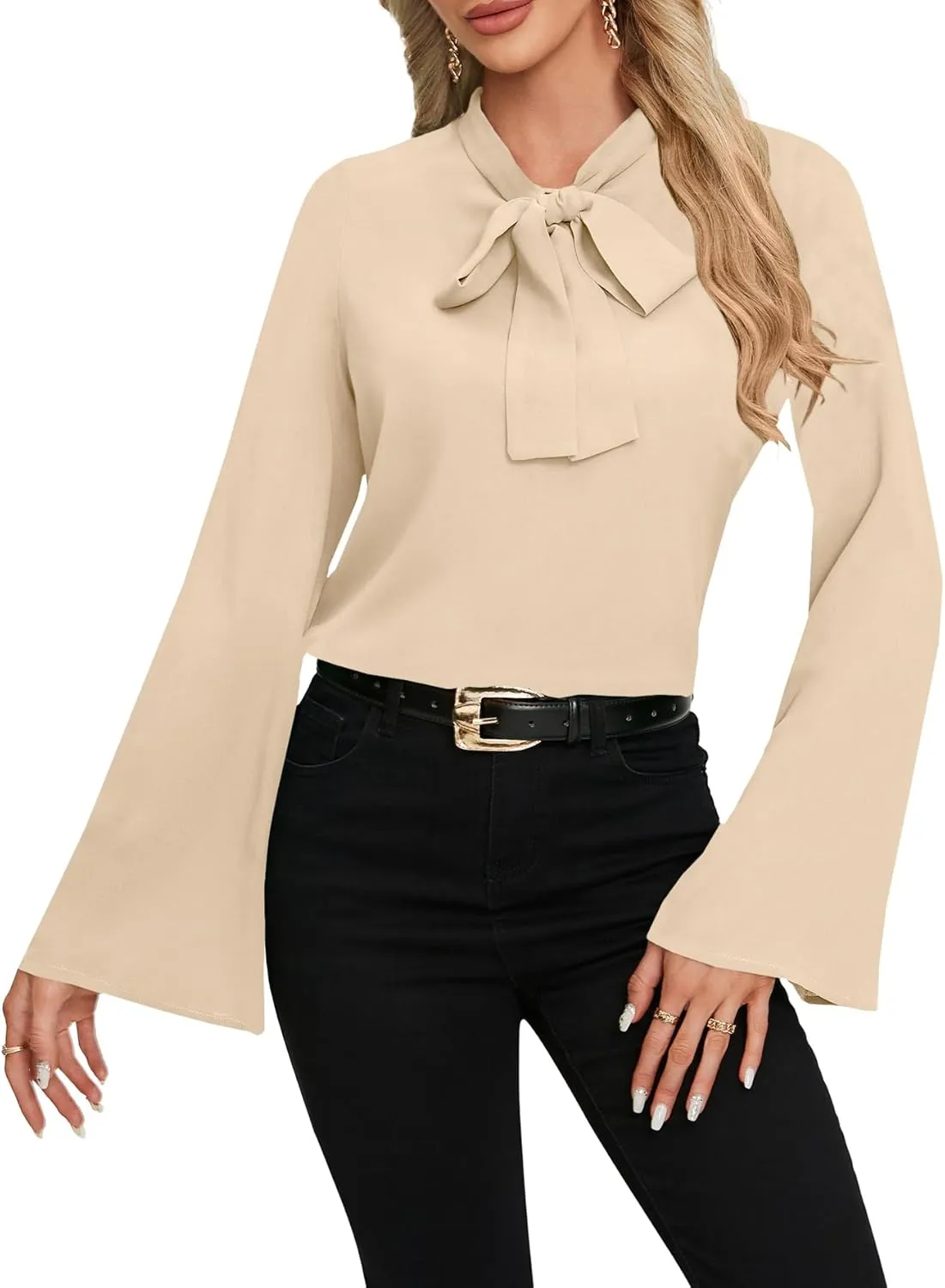 LYANER Women's Elegant Bow Tie Mock Neck Bell Long Sleeve Blouse Shirts Top