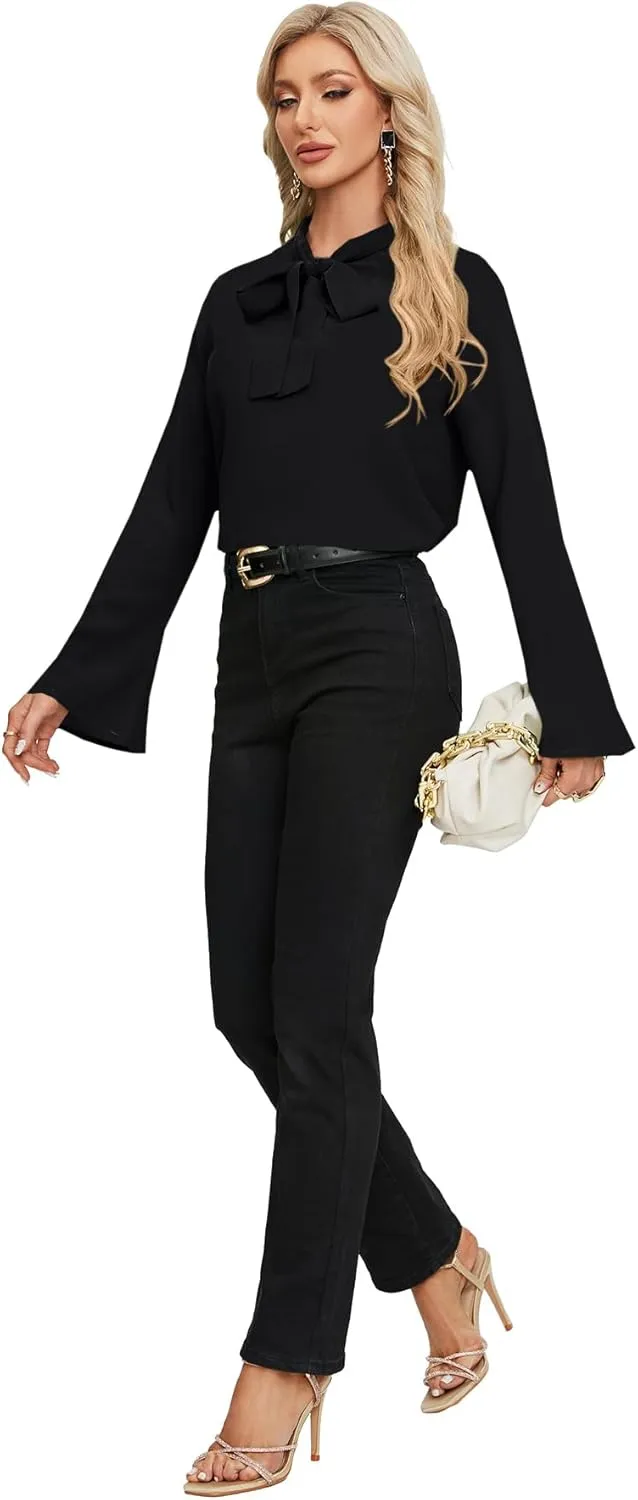 LYANER Women's Elegant Bow Tie Mock Neck Bell Long Sleeve Blouse Shirts Top