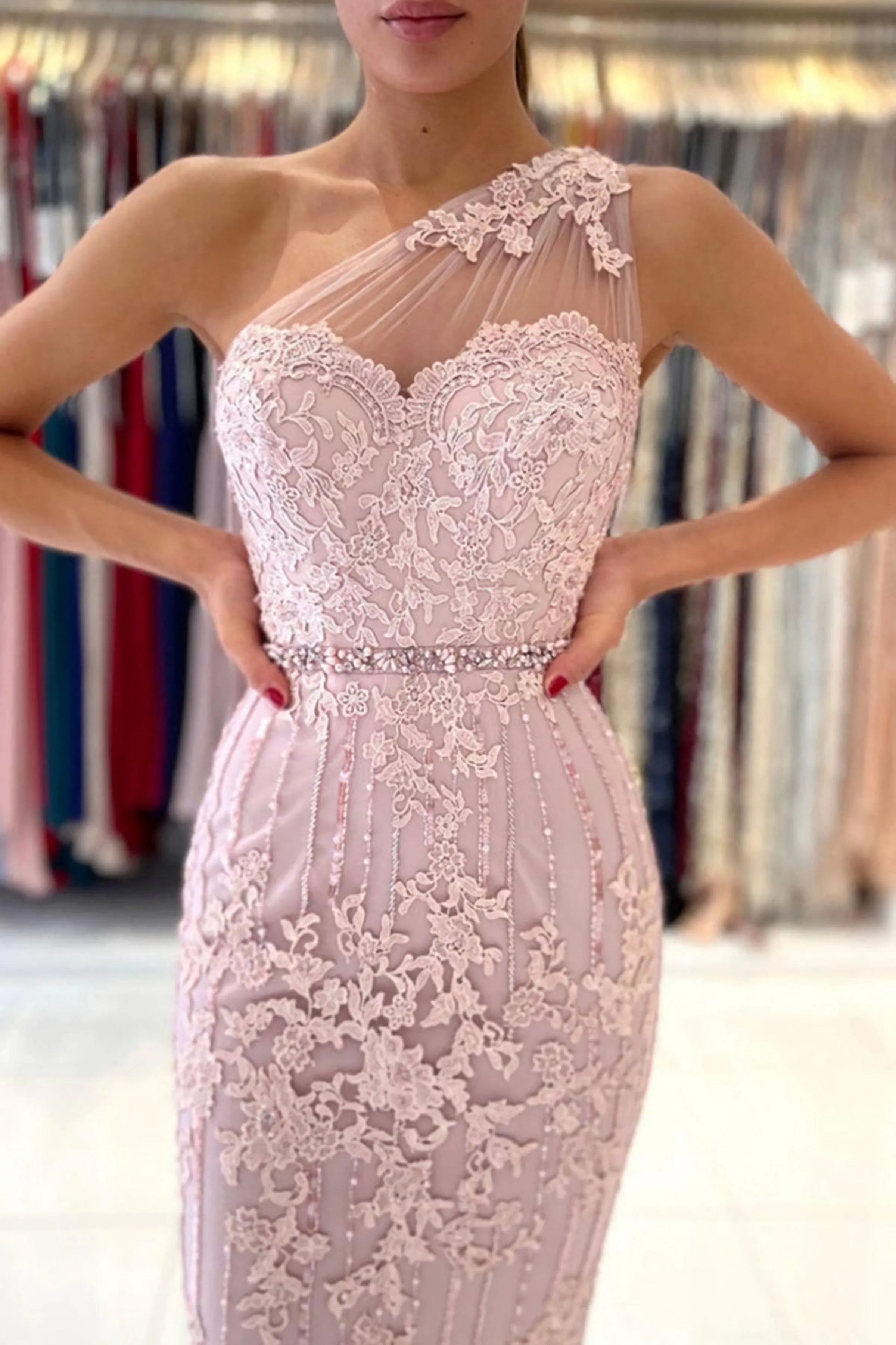 One Shoulder Mermaid Pink Lace Evening Dress, Mermaid Pink Cocktail Dress, Short Pink Lace Formal Dress
