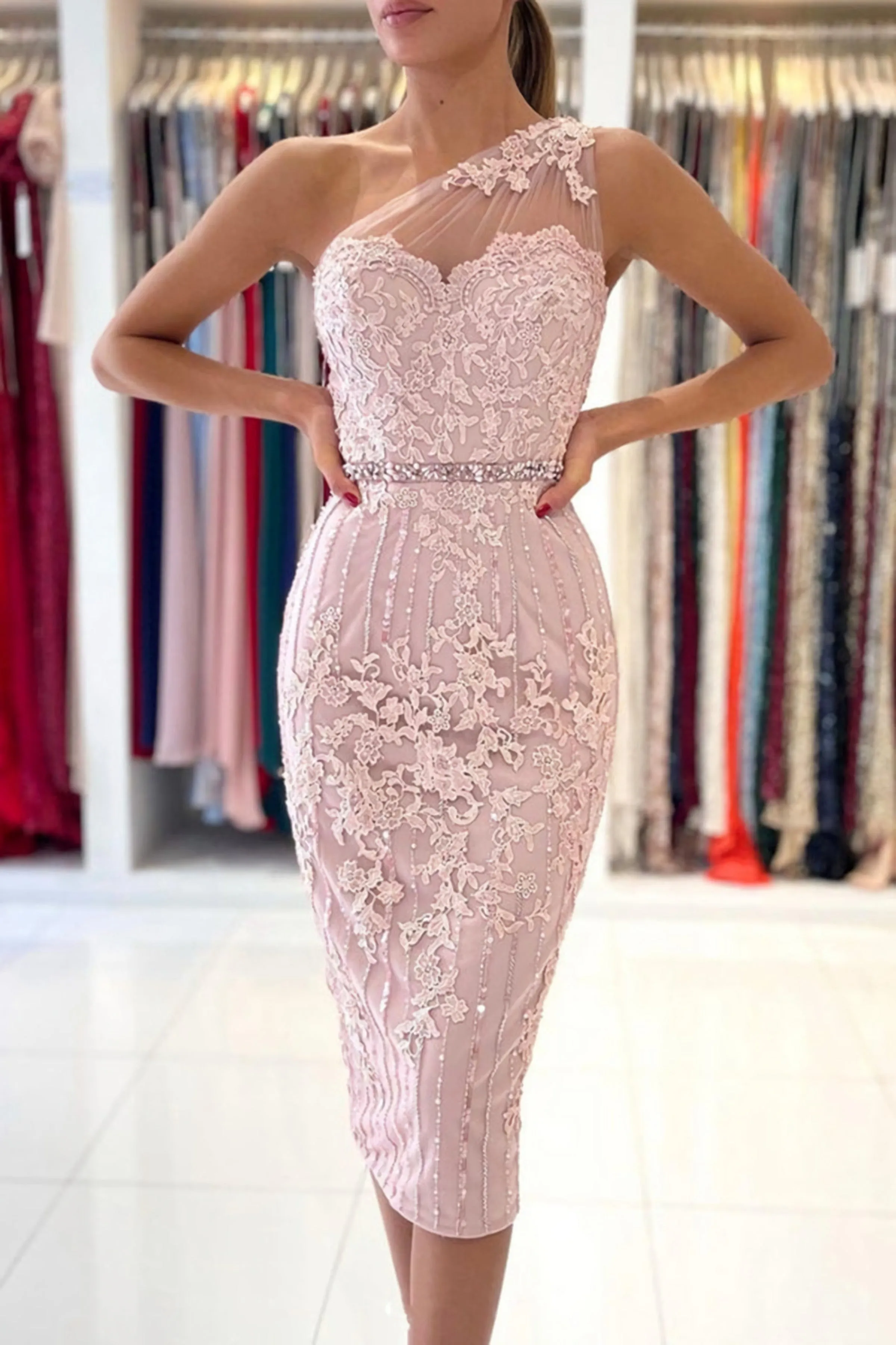 One Shoulder Mermaid Pink Lace Evening Dress, Mermaid Pink Cocktail Dress, Short Pink Lace Formal Dress
