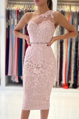 One Shoulder Mermaid Pink Lace Evening Dress, Mermaid Pink Cocktail Dress, Short Pink Lace Formal Dress