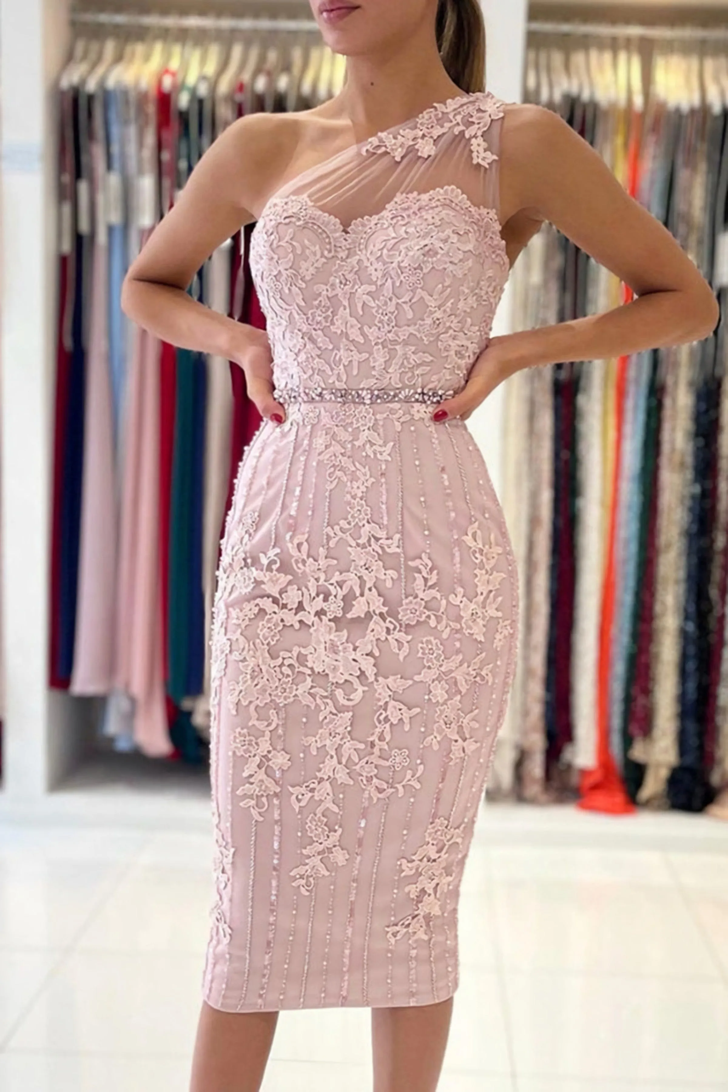 One Shoulder Mermaid Pink Lace Evening Dress, Mermaid Pink Cocktail Dress, Short Pink Lace Formal Dress
