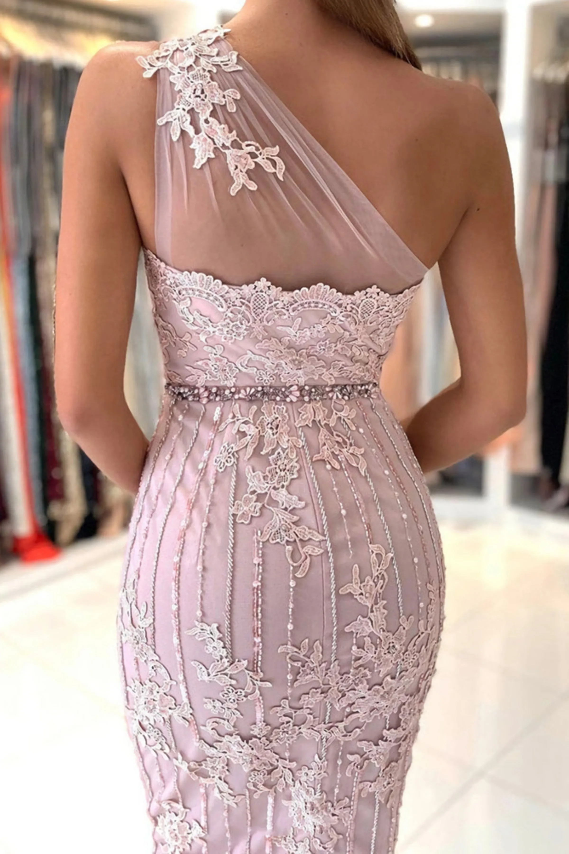 One Shoulder Mermaid Pink Lace Evening Dress, Mermaid Pink Cocktail Dress, Short Pink Lace Formal Dress